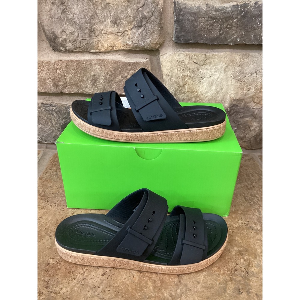 CROCS Black and Cork-Trim Slide Sandals